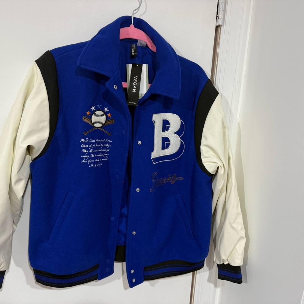 Blue and White Varsity Jacket with Black Accents